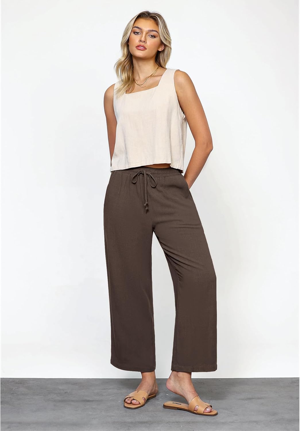 GRAPENT Linen Pants for Women High Waisted Wide Leg Capri Elastic Waist Casual Beach Flowy Cropped Summer Capris Pants - Image 5