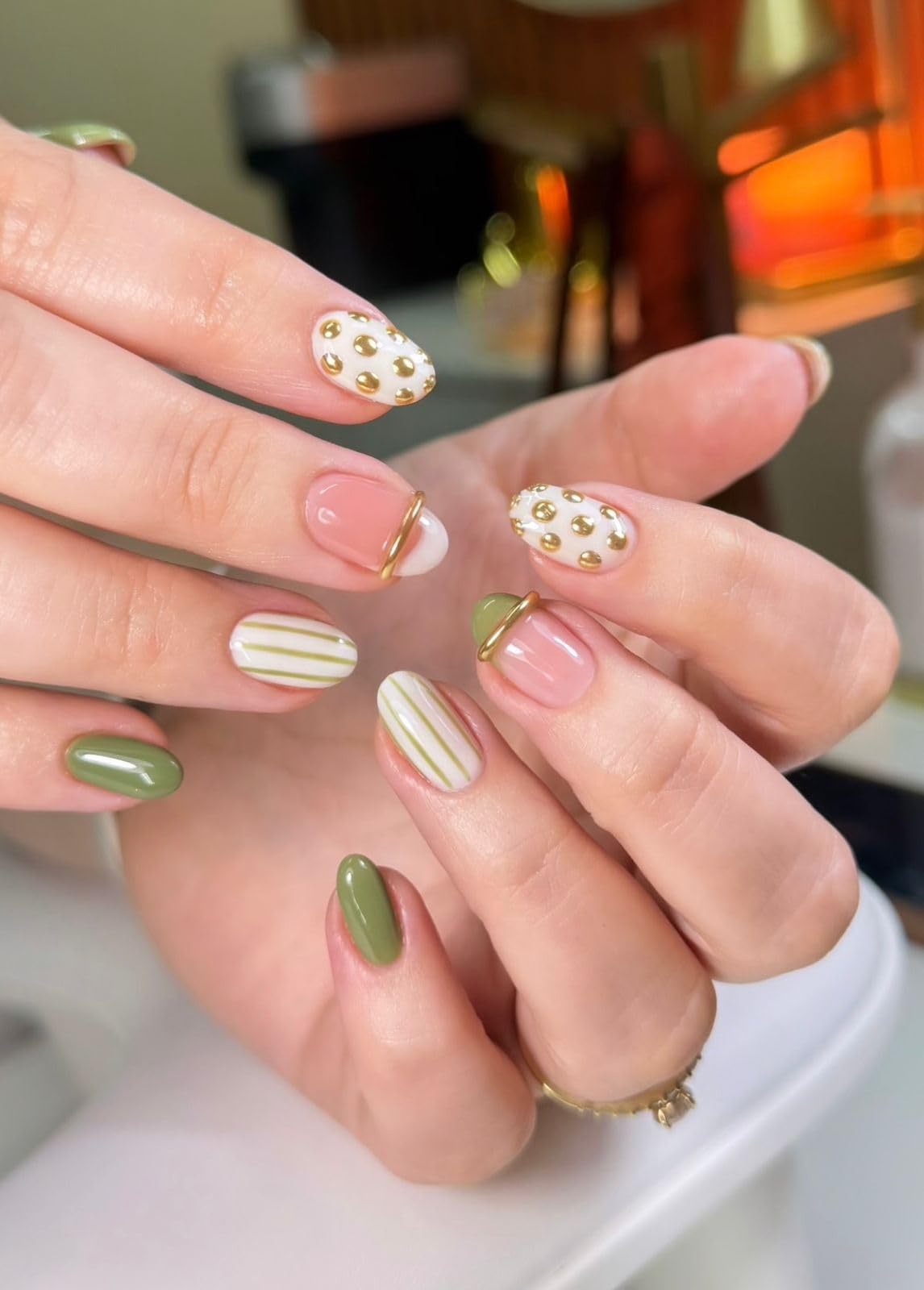 TheBlingNails | Premium Handmade Luxury Gel Nails, Sage Green and Gold Studded Medium Almond Glossy Nail with 3D Metallic Line Art, Ring Accent & Stripes| Elegant Stick -On Nail Kit for Women & Girls| Reusable Nails| Lightweight & Long Lasting| High Glossy Finish| Salon-Style Nail at Home| Crafted in our BlingNails Studio for salon quality results.-image-28