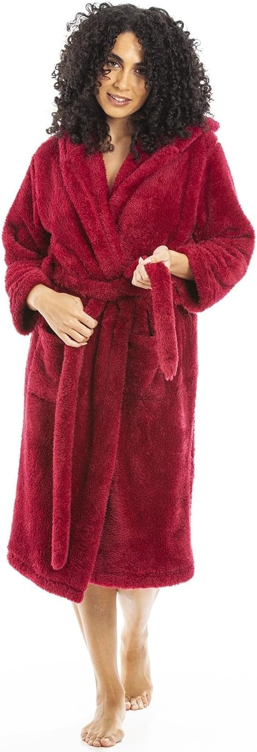 Women's Super Soft Dressing Gown - Luxury Fleece Hooded Bathrobe - Long Sleeved, Belt Fastening & Front Pockets