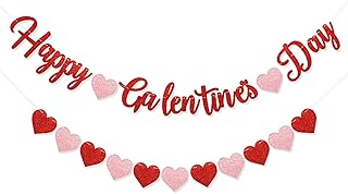 Red Glittery Happy Galentines Day Banner and Red Pink Glittery Heart Garland Banner Romantic Decorations No DIY Valentines Day Bunting Photo Props Girls Party Favors Ladies Galentines Theme Decor