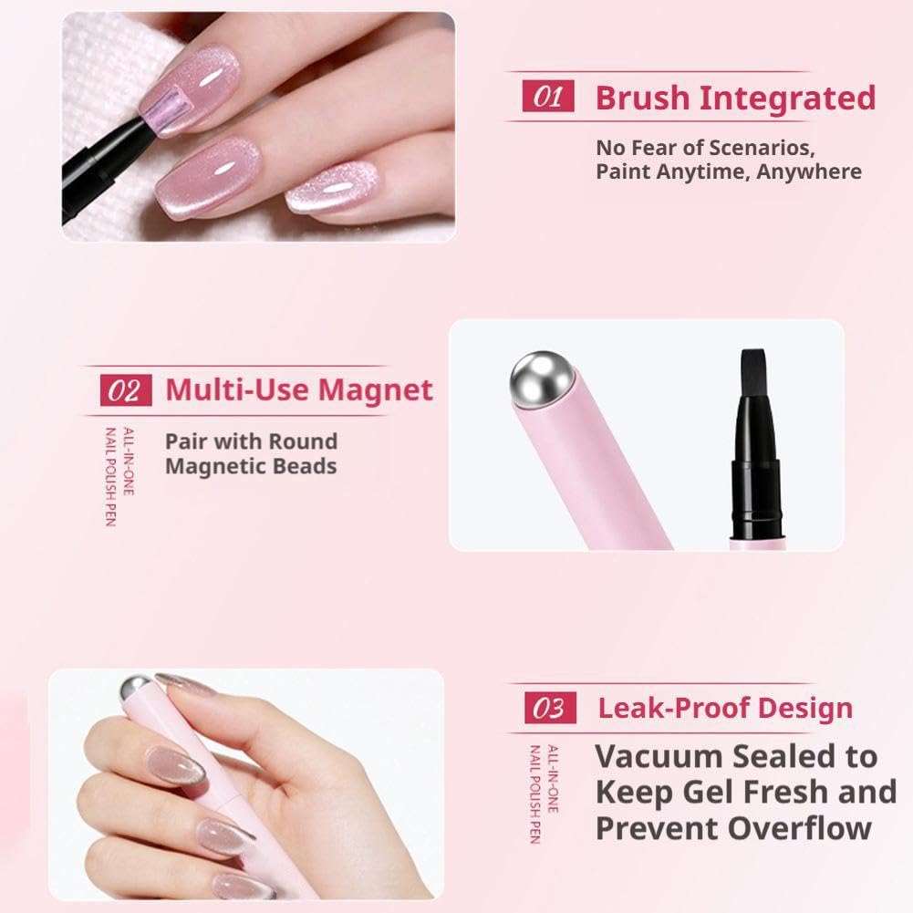 Penna per nail art 7 in 1 Cat Eye, smalto gel magnetico con magnete integrato, blocco Ccolor a lunga durata, pennello tutto in uno, formula autolivellante, portatile per principianti, 3 g (02)