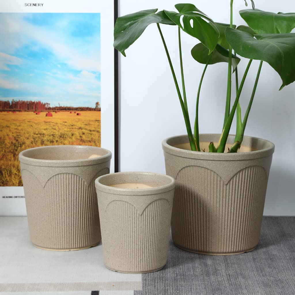 Vasi da Giardino Vaso da Fiori in Ceramica, vasi per Piante Marroni con Motivo Verticale con Foro di drenaggio e piattino per Decorazioni per Interni ed Esterni