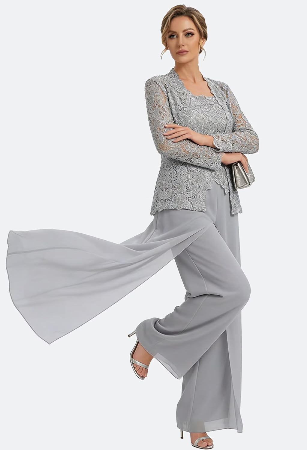 3 Pieces Mother of The Bride Trouser Suits Women Chiffon Pantsuit with Lace Jacket Evening Jumpsuits for Wedding
