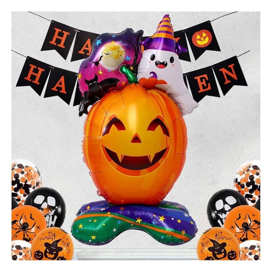 Image of AMFIN (Pack of 1) Self-Standing Halloween Ghost Pumpkin Foil Balloon with Base - 47 Inch Giant Inflatable Pumpkin Balloon with Ghost & Haunted House - Multicolour