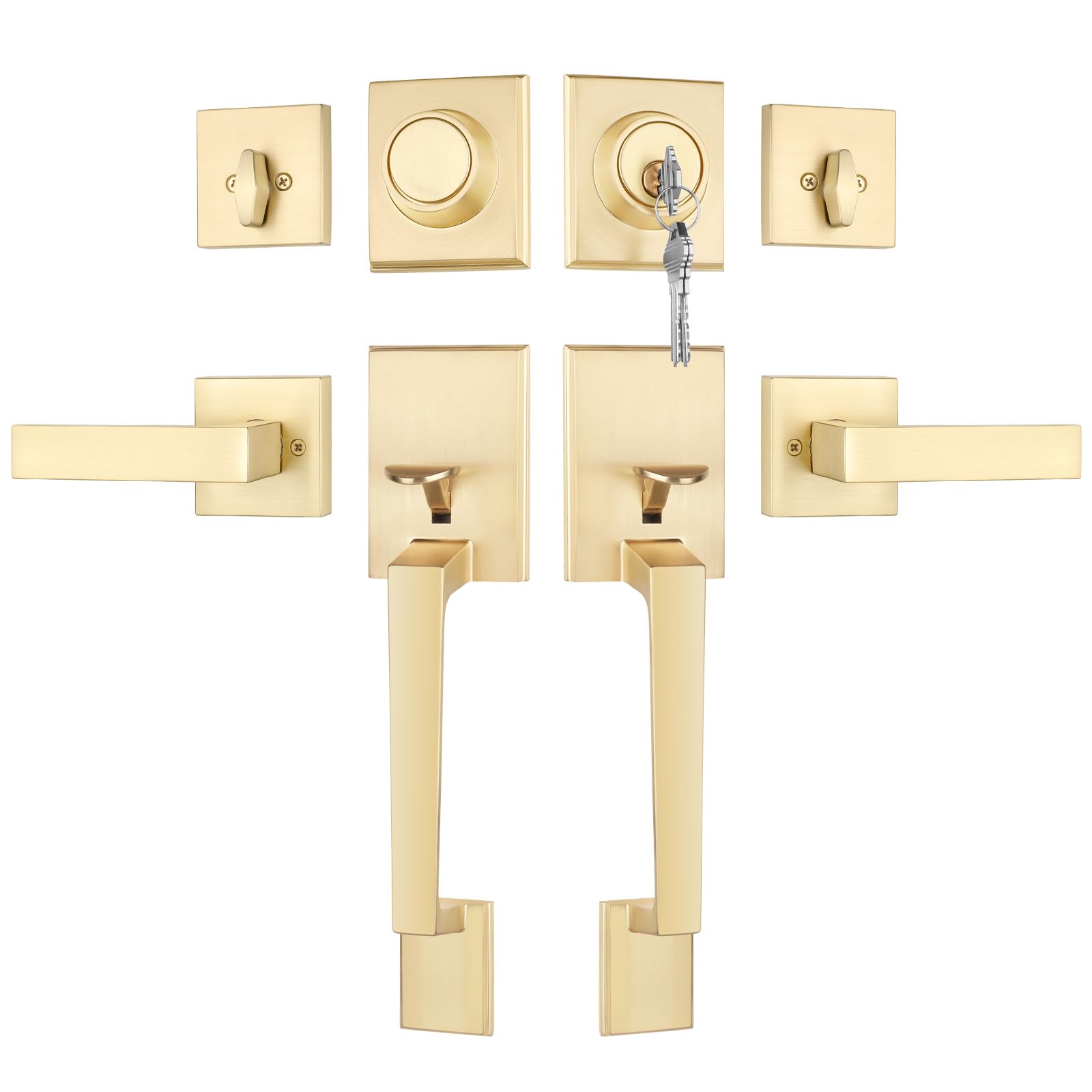 goldenwarm Double Front Door Lock Set, Gold Double Door Handle Set, Gold Double Door Handle with Dummy, Modern Double Front Door Hardware Set with Reversible Handle Lever