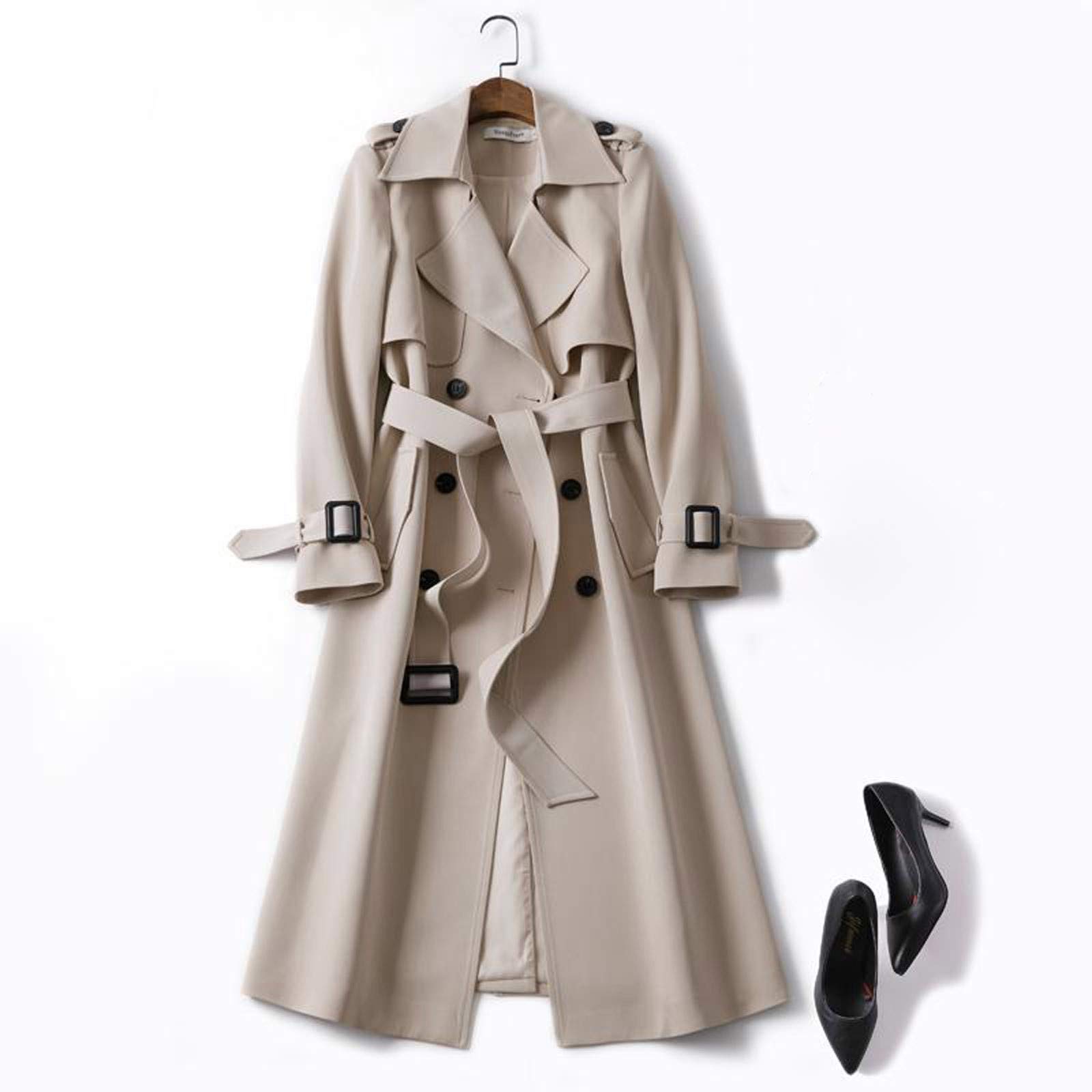 Trench long pour femme - Manteau long à double boutonnage - Veste mi-saison classique - Automne - Printemps - Coupe-vent