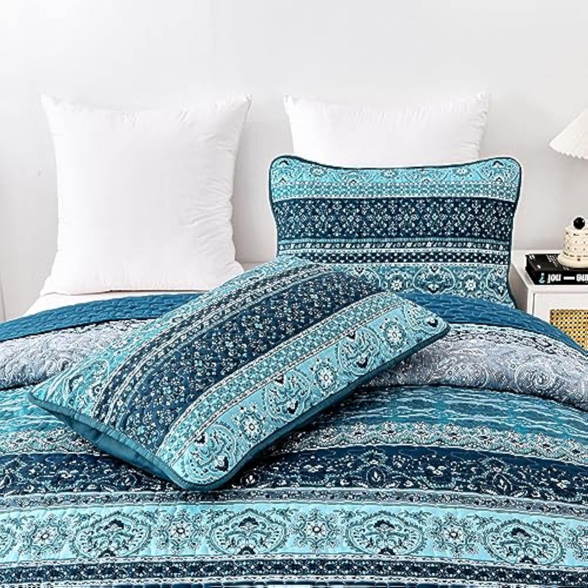 Boho Queen Quilt Set, Blue Bohemian Queen Quilt Set