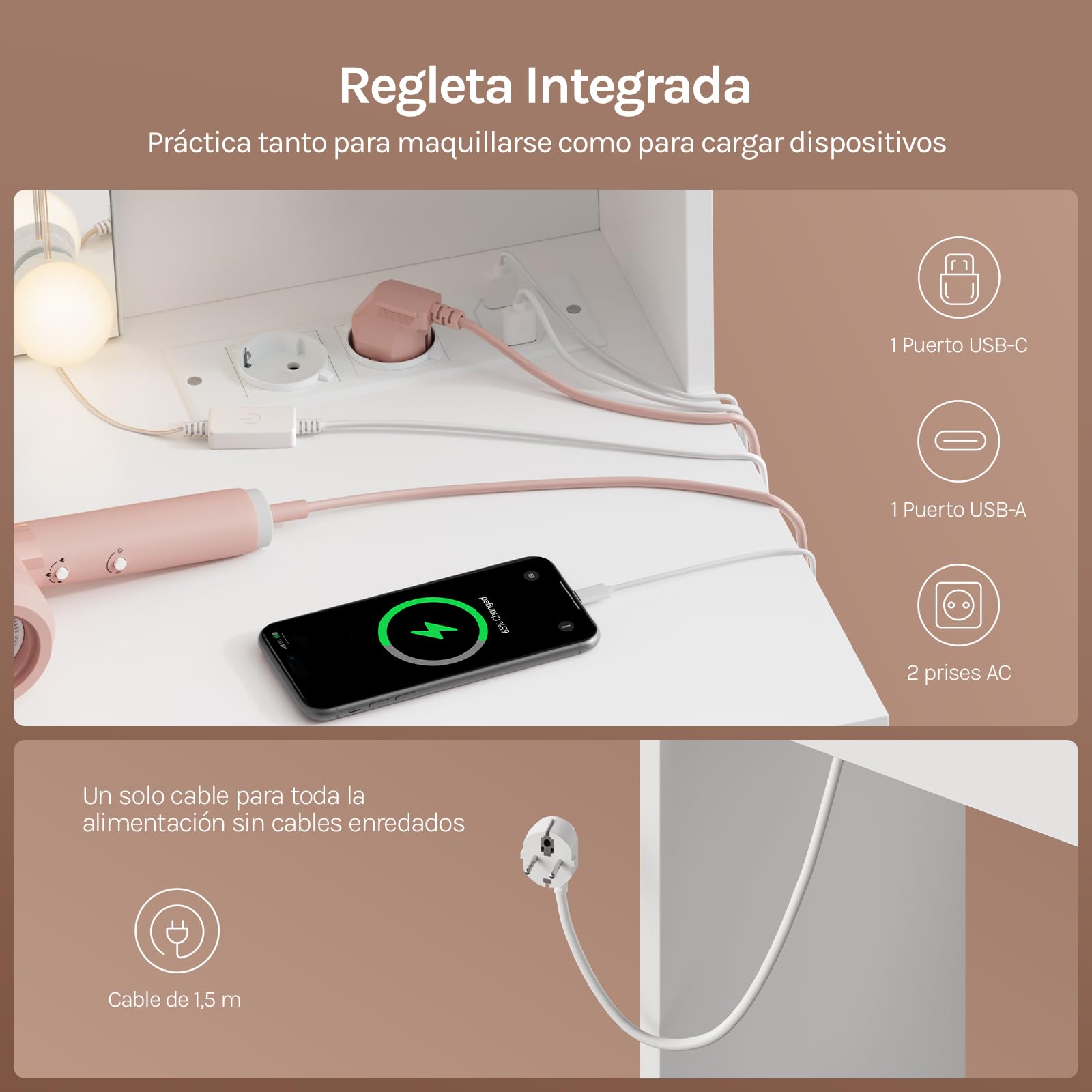WOLTU Tocador de Maquillaje con Espejo, Luz LED, Regleta de Enchufes, 2 Cajones y 4 Estantes, Ancho 90 cm, Mesa de Tocador Moderno para Dormitorio, Blanco, MB6123ws