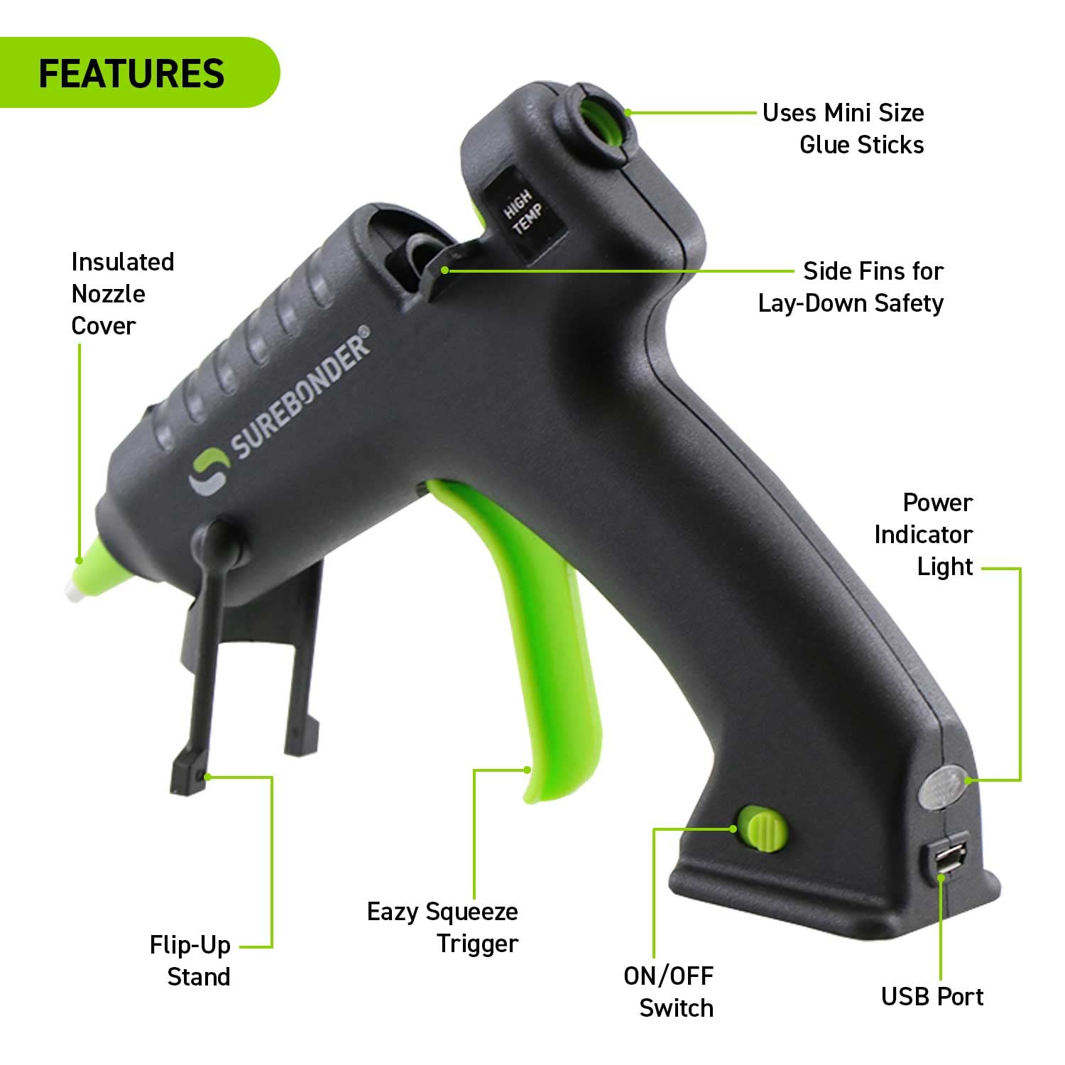 Surebonder USB-195 zasilany baterią mini rozmiar pistolet do klejenia na gorąco, wielokolorowy, 0,2 kg