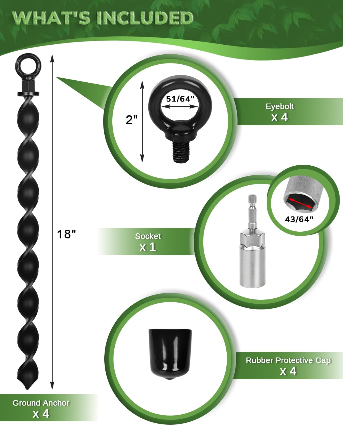 Ancoraggi da 45,7 cm da avvitare, 4 pezzi, kit di ancoraggio a spirale per capannoni, ancoraggi per case mobili, pali a coclea in metallo ad alto vento per trampolino, set di altalene, cani, tende