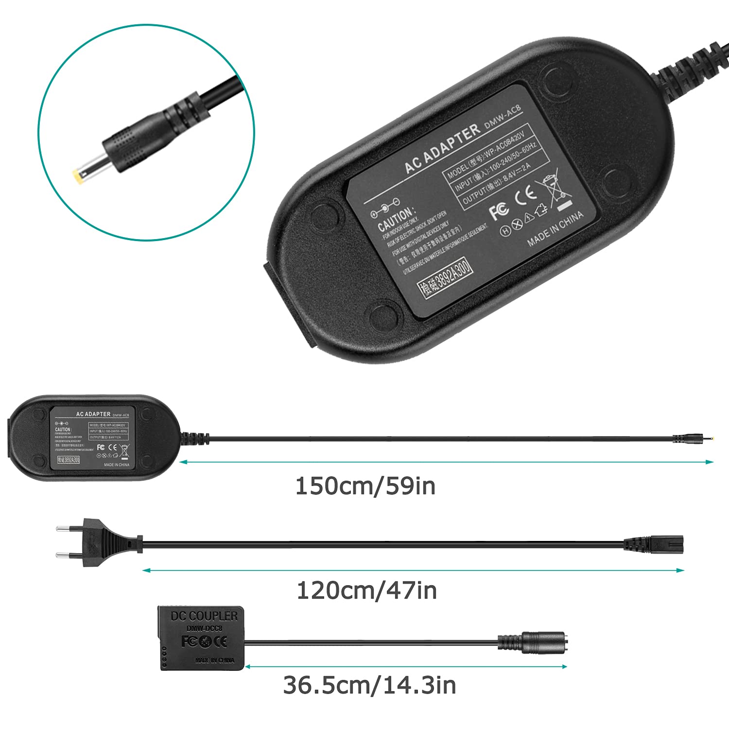 DMW-AC8 Adattatore di alimentazione CA DMW-DCC8 Accoppiatore CC DMW-BLC12 Batteria fittizia per Panasonic Lumix DMC-FZ2500 FZ1000 FZ300 FZ200 G85 GX8 G7 G6 G5 DC-G90 G95 Telecamere