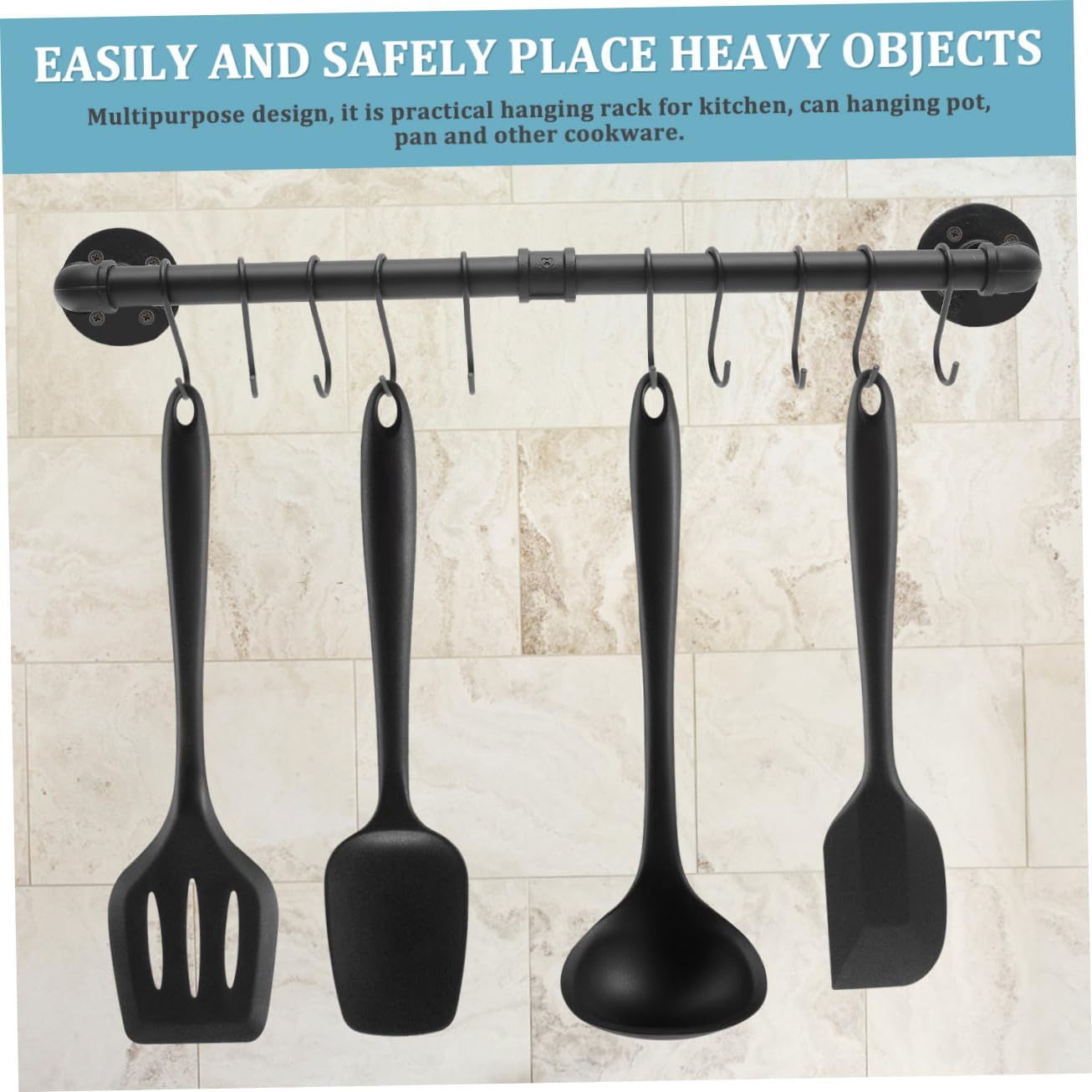 Industrial Pot Pan Rack Wall Mounted with Hooks 13x60cm Metal Kitchen Rail Hanging Utensil Holder for Cookware Organization