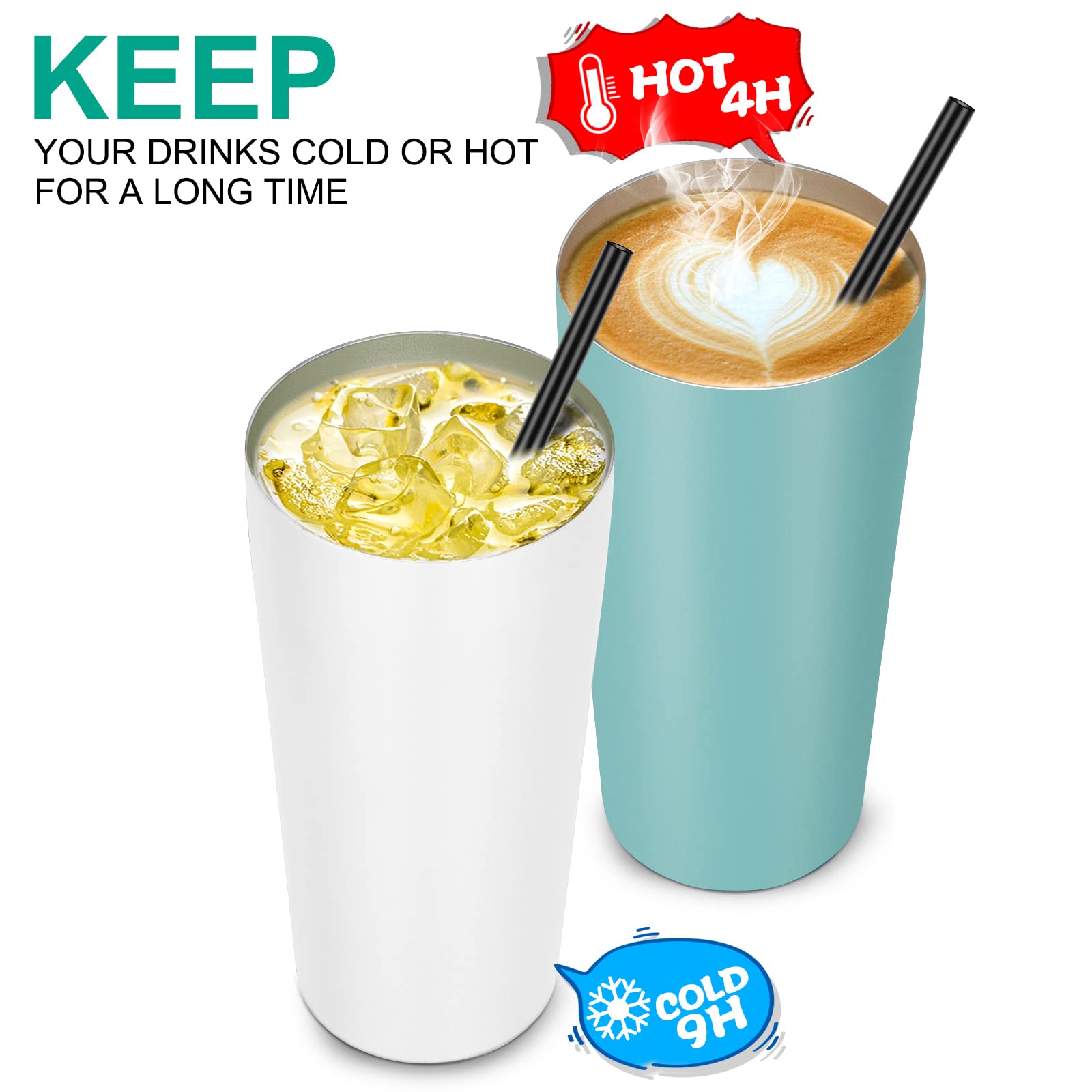 VEGOND Vaso de 20 onzas a granel con tapa y pajita, paquete de 6 unidades, acero inoxidable aislado al vacío, taza de café de doble pared, taza de viaje, color blanco
