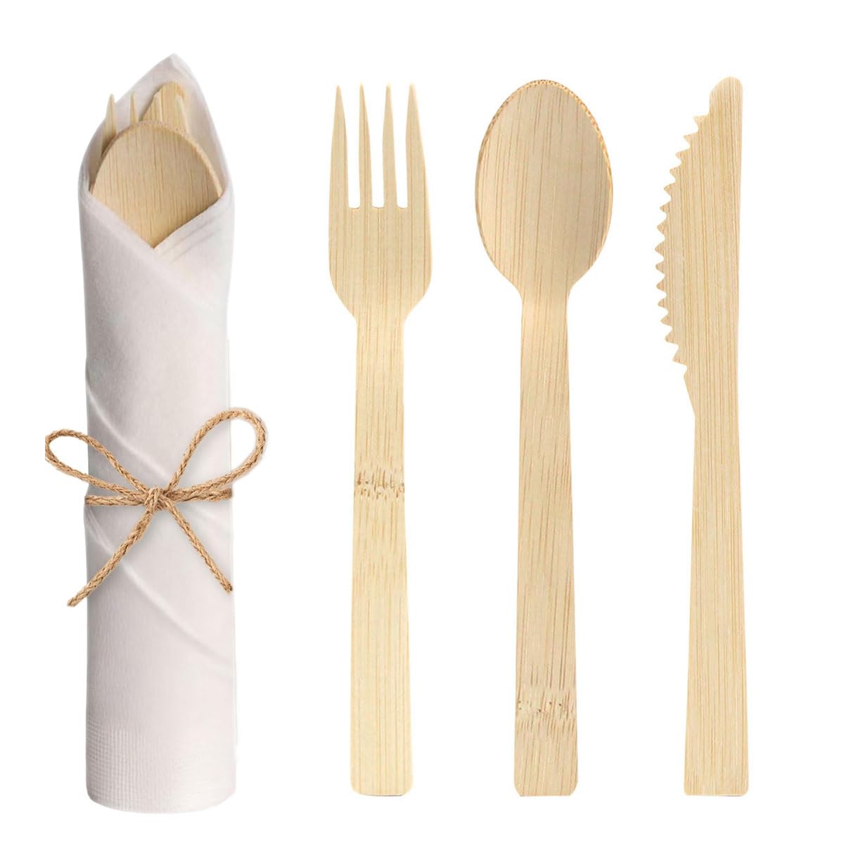 Set de couverts en bambou avec serviettes pré-roulées – Lot de 20 (6,7 pouces, 20 fourchettes, 20 cuillères, 20 couteaux, 20 serviettes) Couverts compostables, couverts jetables emballés