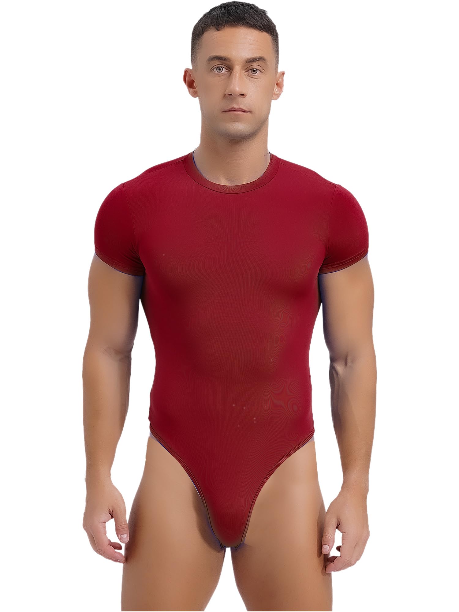 CHICTRY Mens Stretchy One-Piece High Cut Thong Leotard Bodysuit Racerback Wrestling Singlet Swimsuit 5# Burgundy B XXL