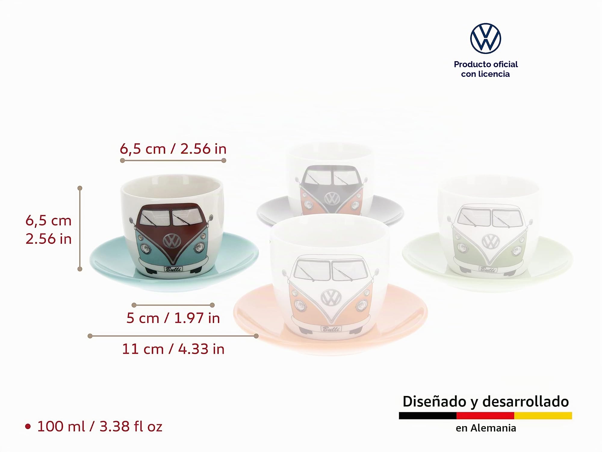 BRISA VW Collection - Volkswagen Set de tazas de espresso para cafété o cappuccino T1 Camper Bus (Frente del Bus/4 Colores/Conjunto de 4/100 ml)