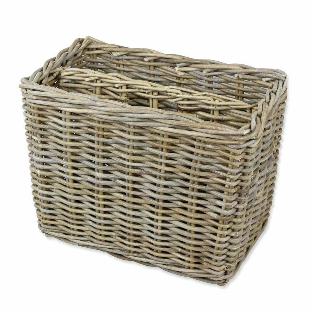 Bliss And Bloom Grey And Buff Wicker Magazine Basket Rack Newspaper Storage Holder Rattan With Integral Handle