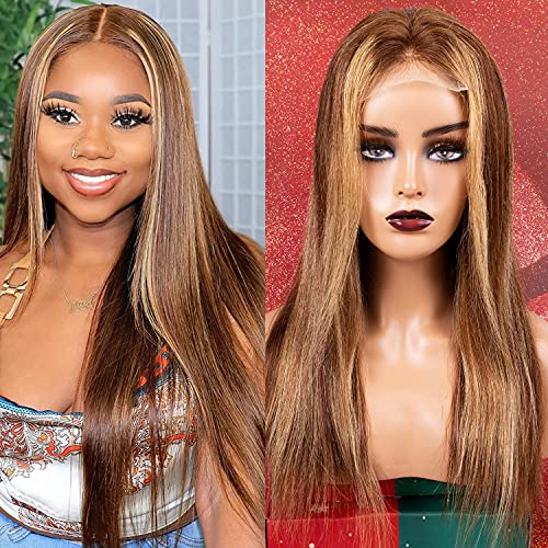 Ombre Highlight Straight Lace Front Wigs Human Hair Colored Ombre Blonde Brown Brazilian Remy Hair 4x4 inch Closure Wigs 20inch 12A Human Hair Pre Plucked Natural Hairline