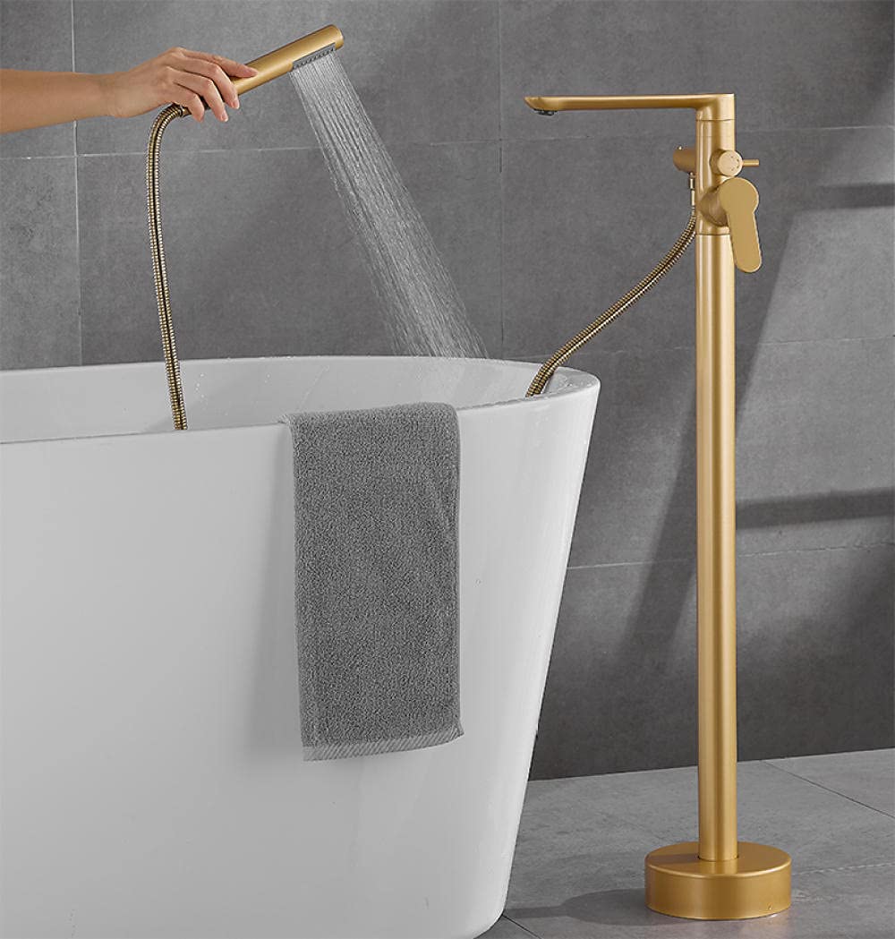ASerZenith Matte Gold Floor Bathtub Faucet Hot Cold Water Mixer with Hand Shower Floor Standing Bath Tub Mixer Tap(C)