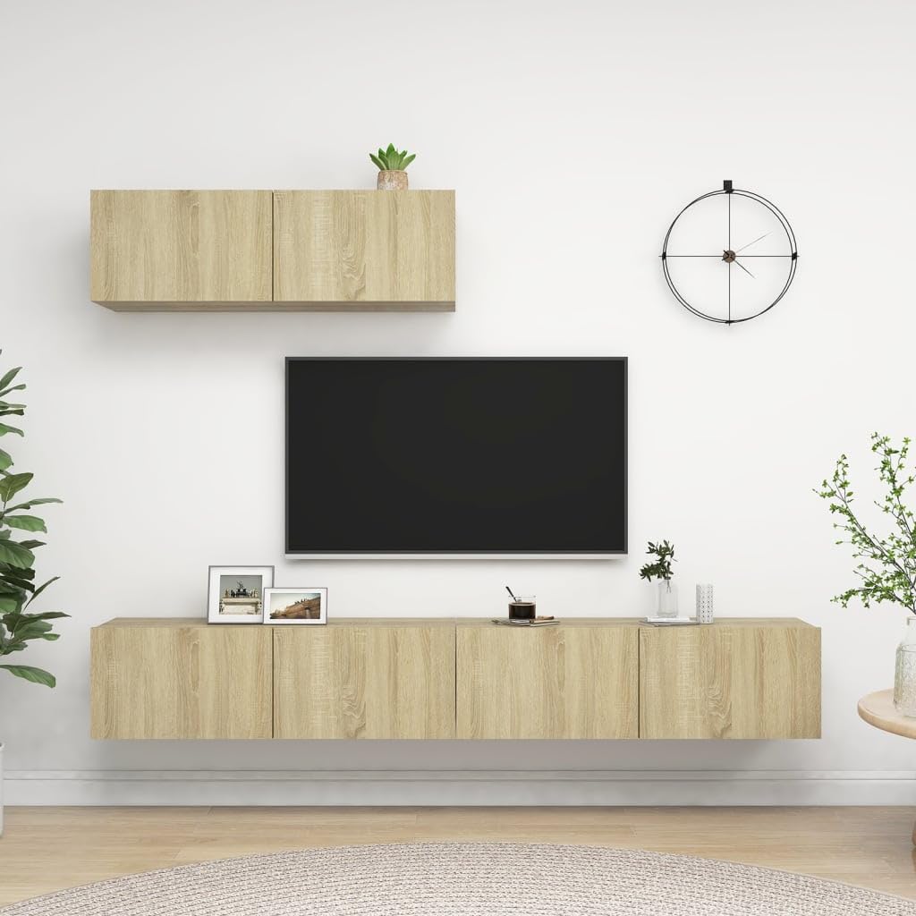 Set di 3 mobili per TV, in rovere Sonoma, 100 x 30 x 30 cm, montaggio a parete, con vano portaoggetti, per soggiorno, camera da letto, angolo gaming