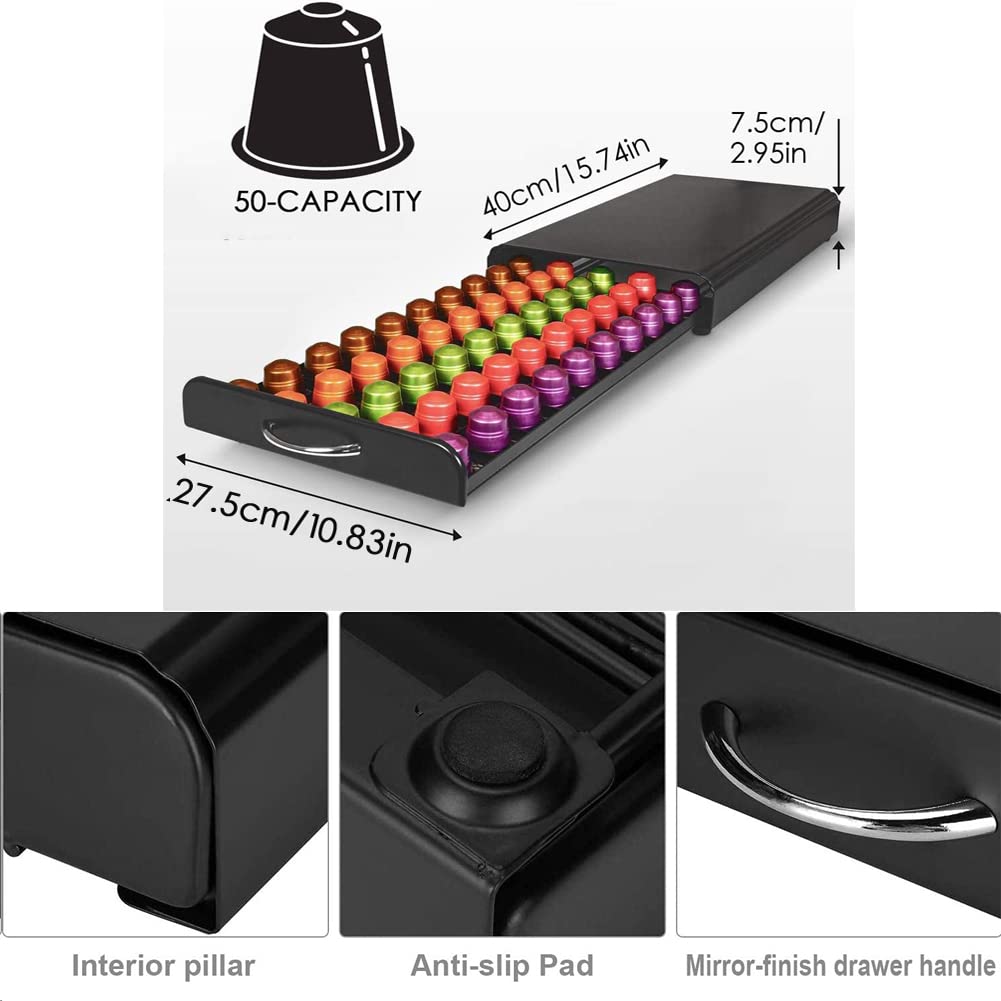 Soporte para cápsulas de café, organizador de cajón de cápsulas de café de 50 cápsulas para cápsulas Dolce Gusto/NES-presso/Vertuoline, soporte de almacenamiento de acero compatible con cafeteras para