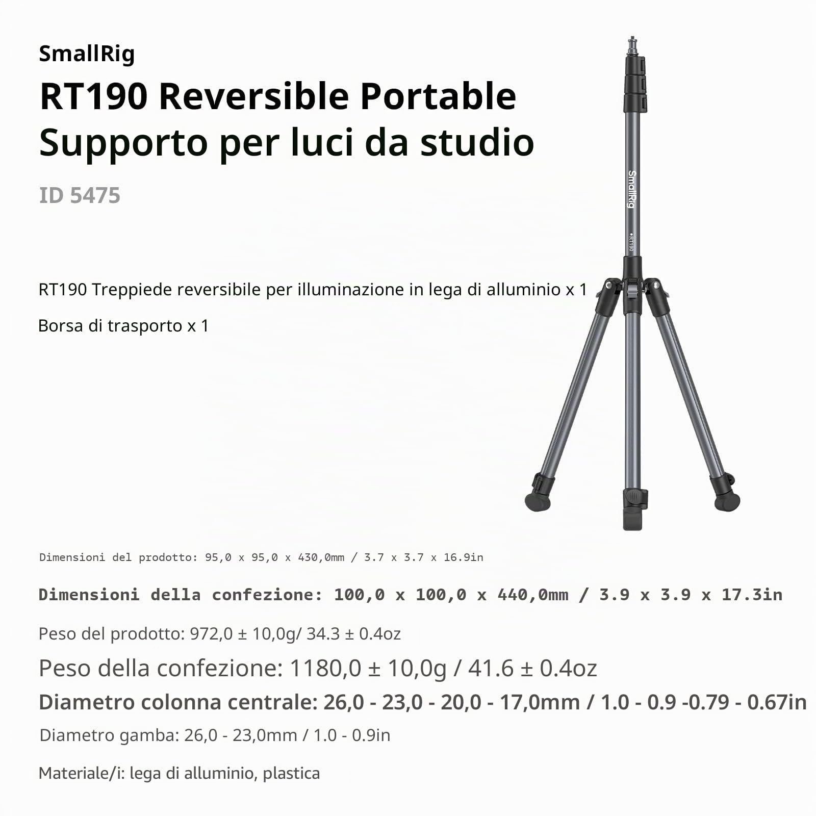 SMALLRIG Supporto per Luci da 74,8"/190 cm, Treppiede Compatto per Torce, Luce ad Anello, Luci Video LED/RGB, Luce COB, Supporto per Illuminazione Pieghevole e Regolabile, Dimensioni 16,9"/43 cm -5475