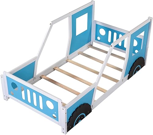 Miniatura 84 de Cama de plataforma en forma de auto de carreras con ruedas, cama de plataforma de madera tamaño individual con barandilla, cama de plataforma para