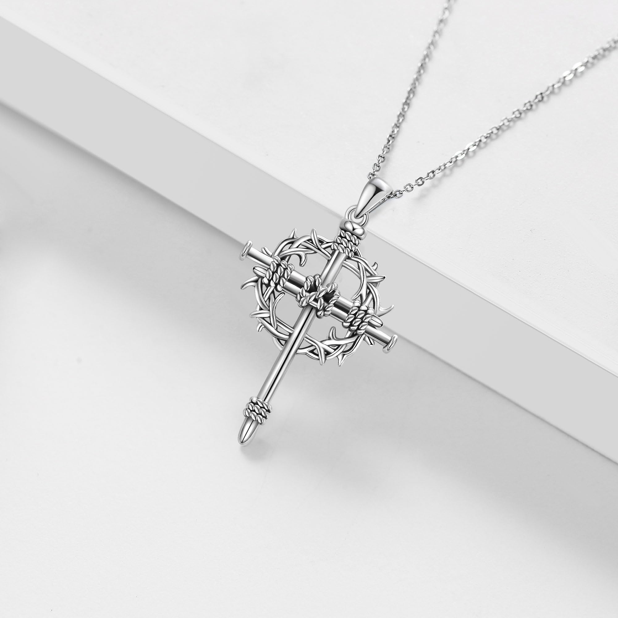 ONEFINITY Collar de cruz de uñas de plata de ley 925 con colgante de crucifijo de espinas, Cadena, Joyería religiosa, Regalos de cruz para hombres y mujeres, Plata esterlina