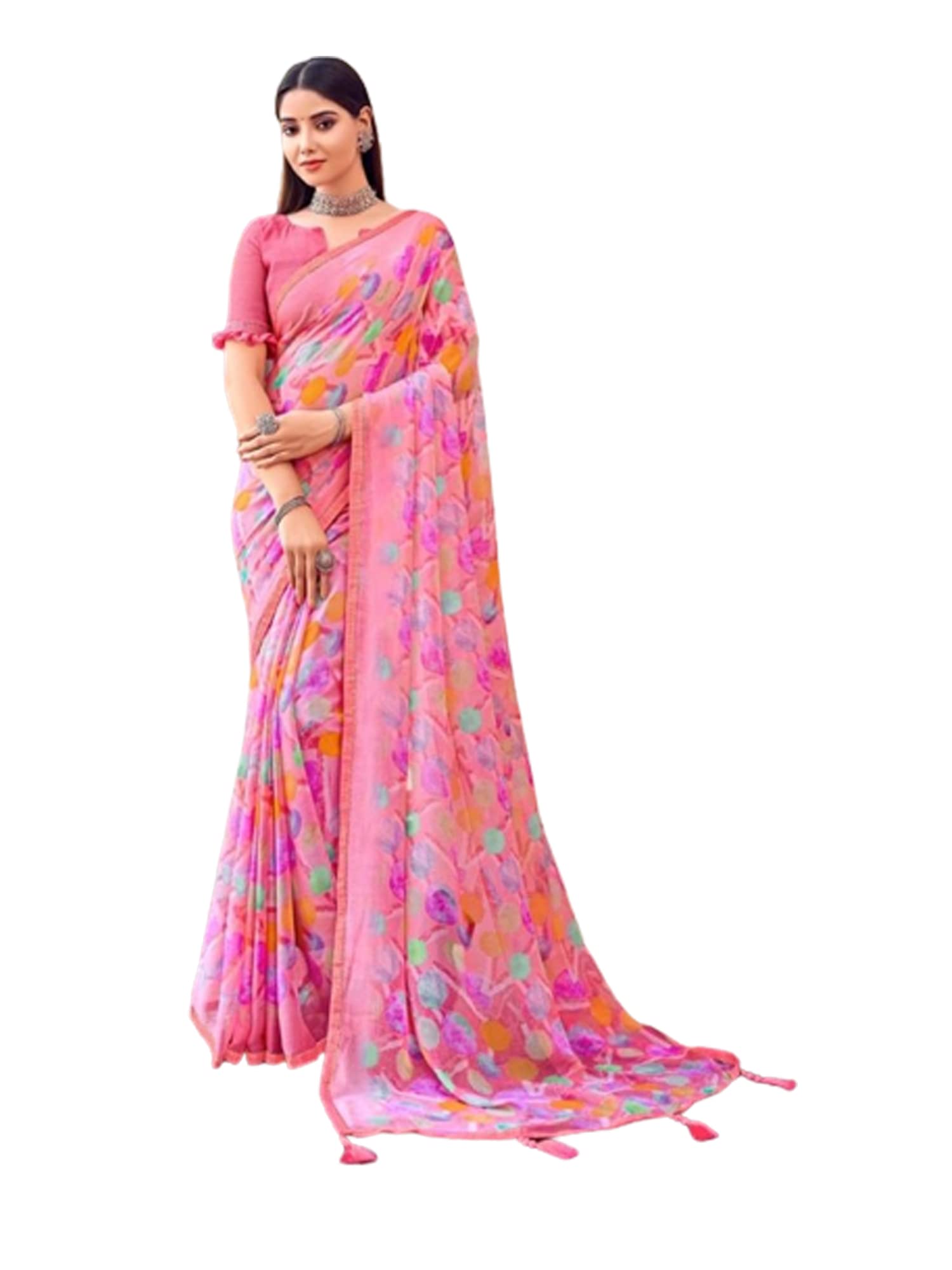ETHNIC EMPORIUMIndian casual Formal Summer fancy Printed Chiffon Sari Blouse Woman's Saree 8704, 3, 6.3 mtrs lenght with Blouse Piece