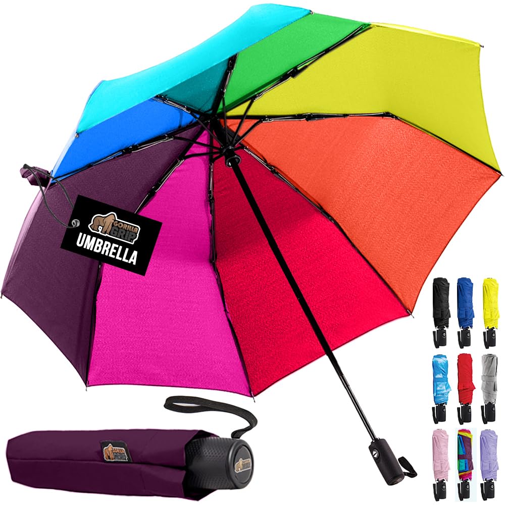 GORILLA GRIP Strong Windproof Stick Compact Umbrella for Rain, One-Click Automatic Open and Close, Durable Quick Dry Waterproof Material, Lightweight and Portable, Travel Size Fits Backpack, Rainbow