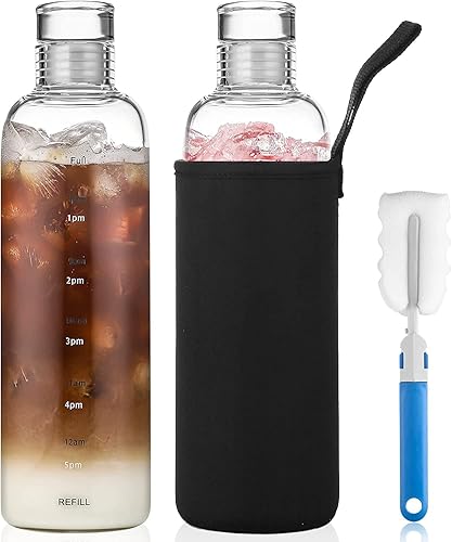 Bincoo Paquete de 2 botellas de agua de vidrio de 17 onzas con marcador de tiempo, botella de vidrio reutilizable para bebidas, botella de leche,