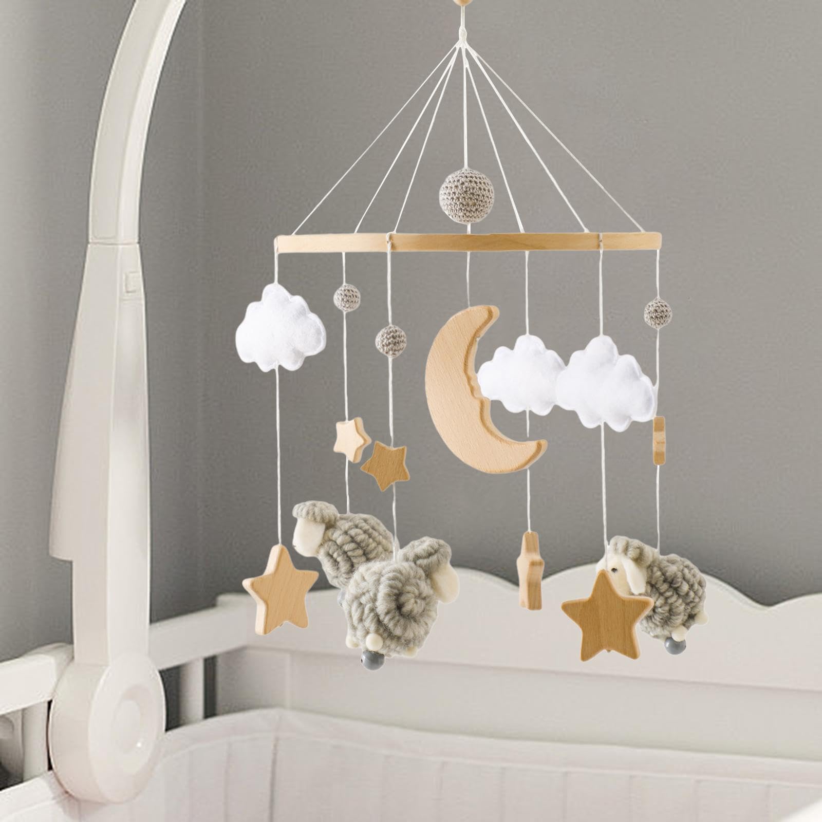 Almencla Giostrina per Culla, Sonagli per Neonati, Decorazioni per, Ornamenti in Feltro, Decorazione Da Appendere, Campanellino, grigio