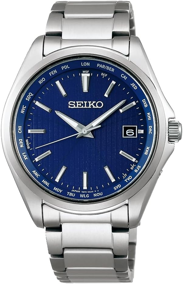 Seiko Watch Seiko Selection Titanium Solar Radio Wave Watch with World Time Function for Men, silver/blue, 1 piece