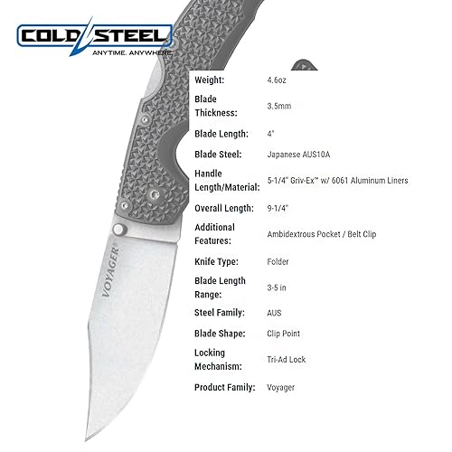 Miniatura 6 de Cold Steel Voyager Series - Cuchillo plegable con cierre de triple eje y clip de bolsillo, Negro, L