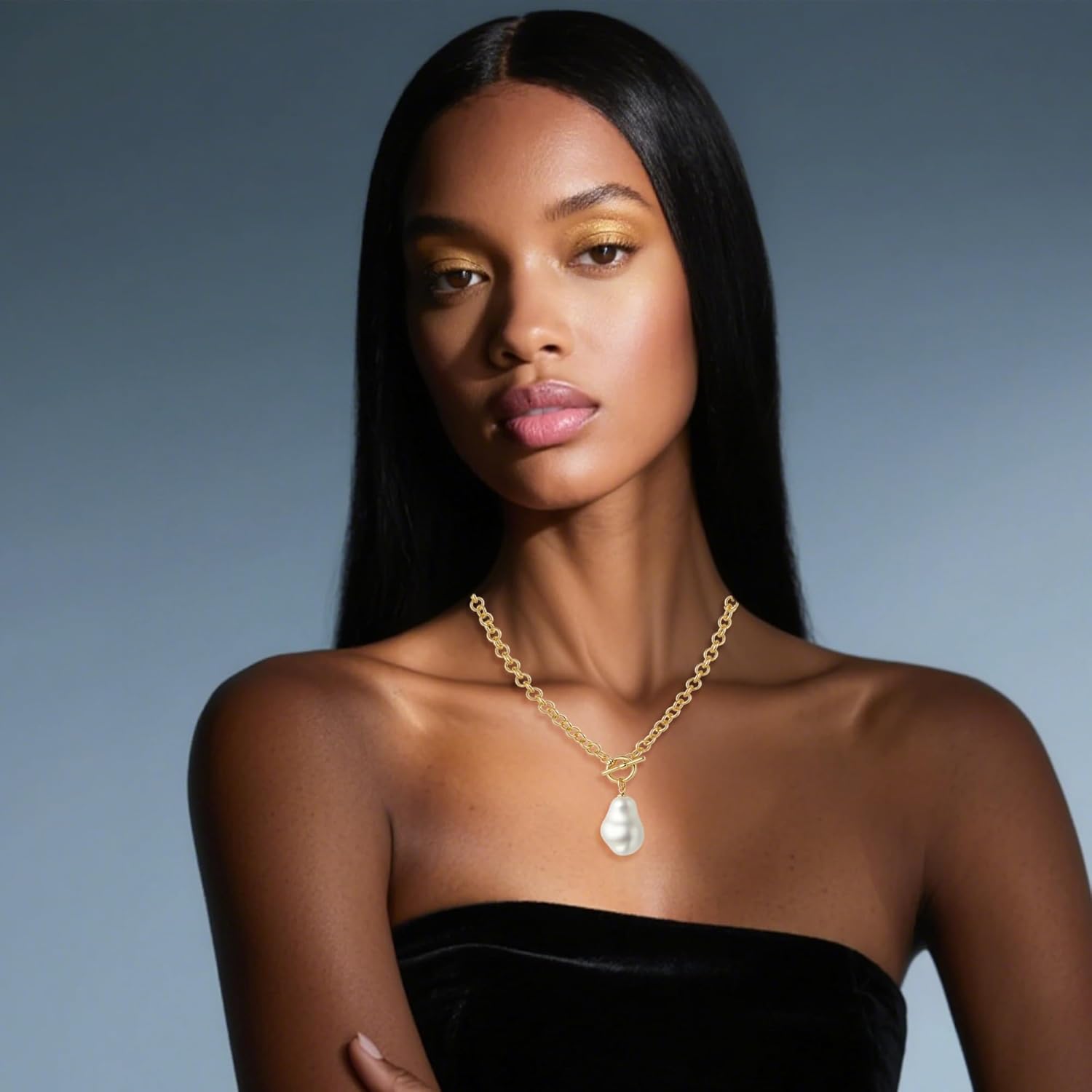 Valentine's Day Gifts for Her,Baroque Pearl Necklace for Women,Chunky Gold Chain Statement Necklace Thick Pearl Pendant Choker with Toggle Clasp Jewelry Gift for Chrismas - Image 5