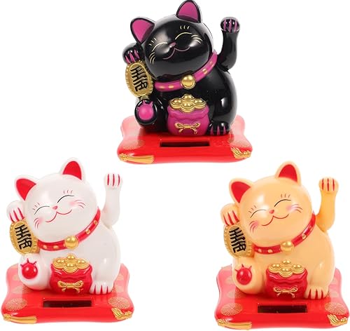 Garneck 3 figuras de gato Maneki Neko con brazo agitador solar, estatuas de gato de la suerte, para hogar, oficina, coche, decoración de Feng Shui