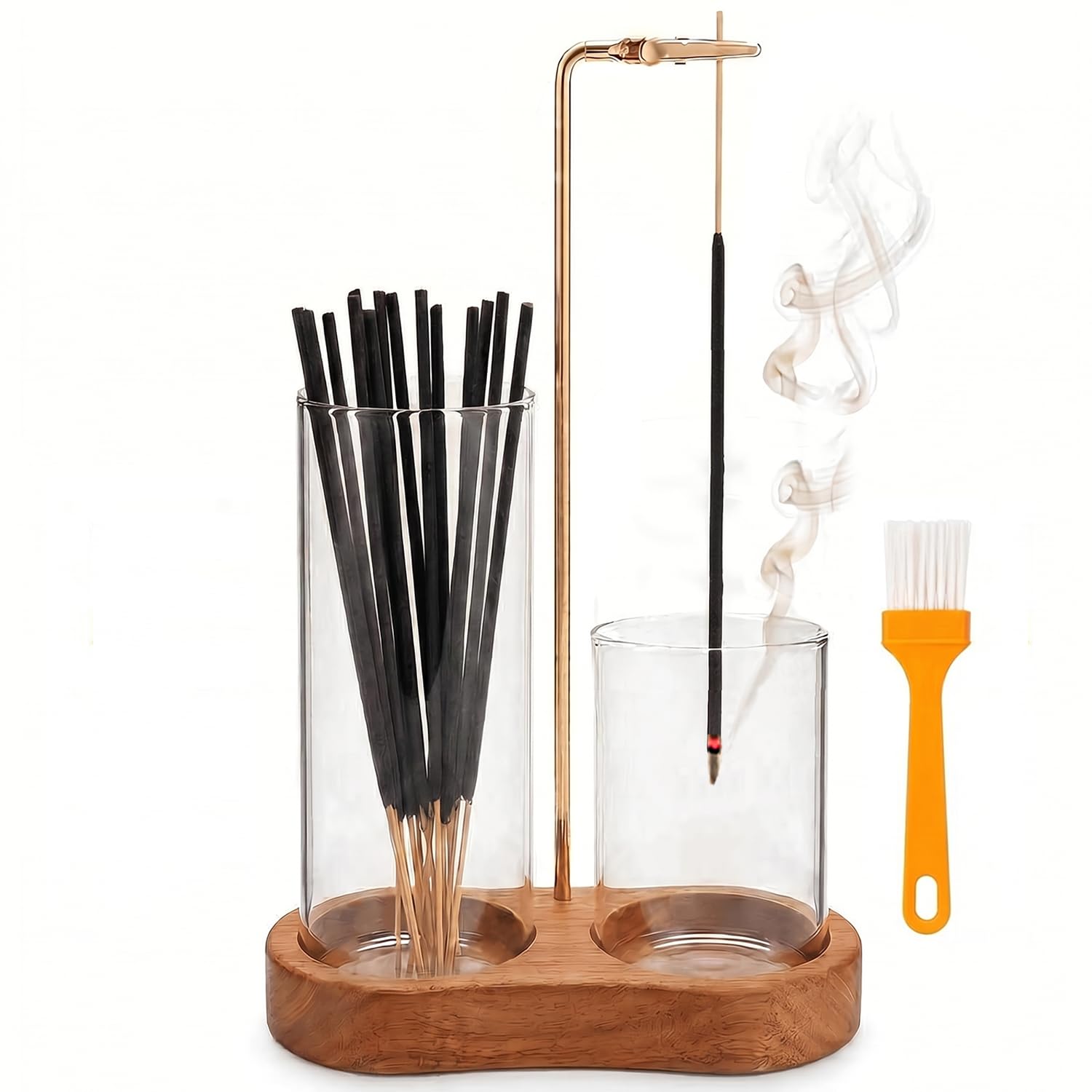 Incense Holder with 6cm Wide Anti-Ash Flying Incense Burner, Double Glass Tube Agarbatti Stand for Home Office Decor, Vertical Hanging Incense Stick Holder with Sapele Style Base