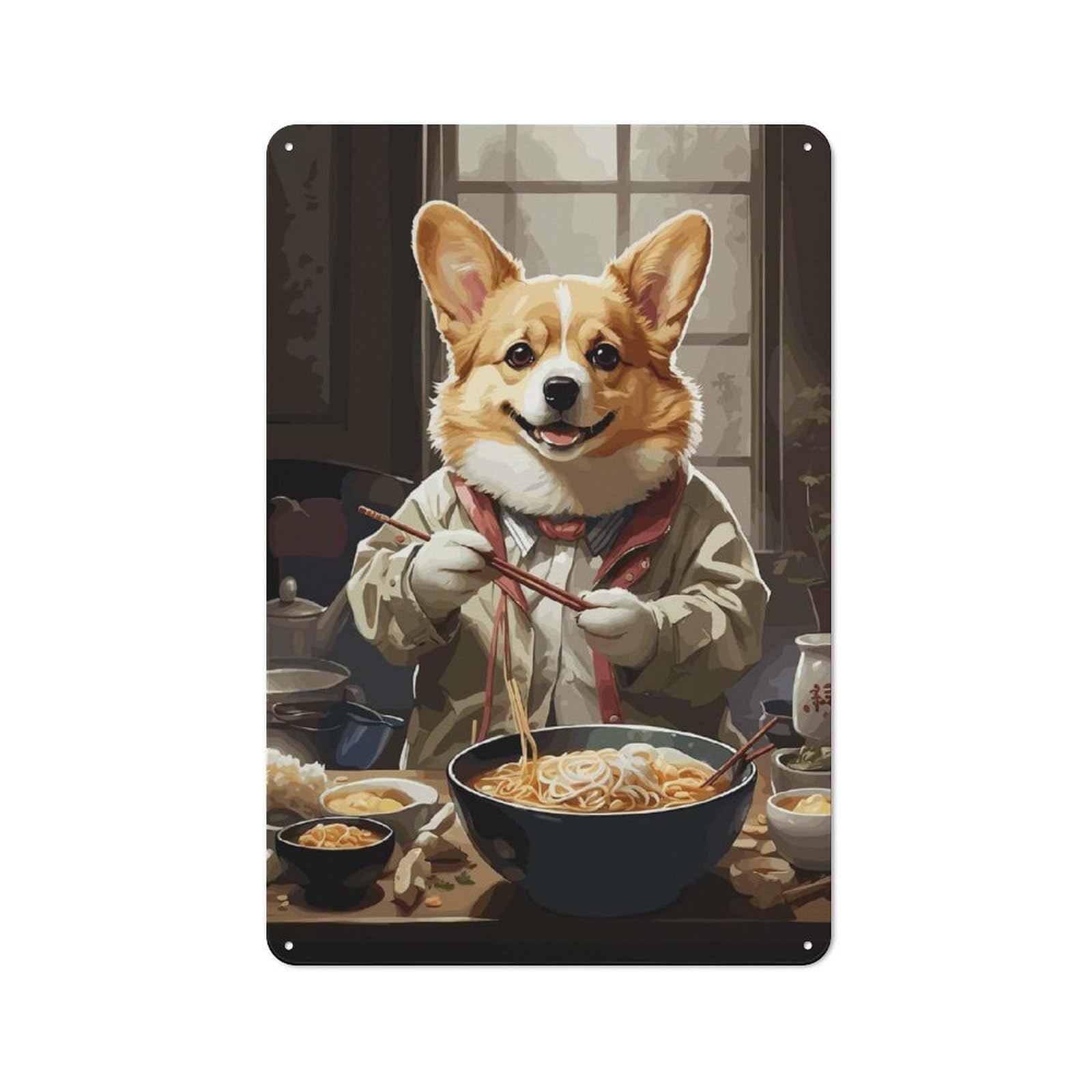 Junmoney Corgi Eating Ramen Metal Wall Sign 30X20cm Featuring For Garage Or Workshop, For Vintage Wall Decor Fans, For Metal Sign Collectors