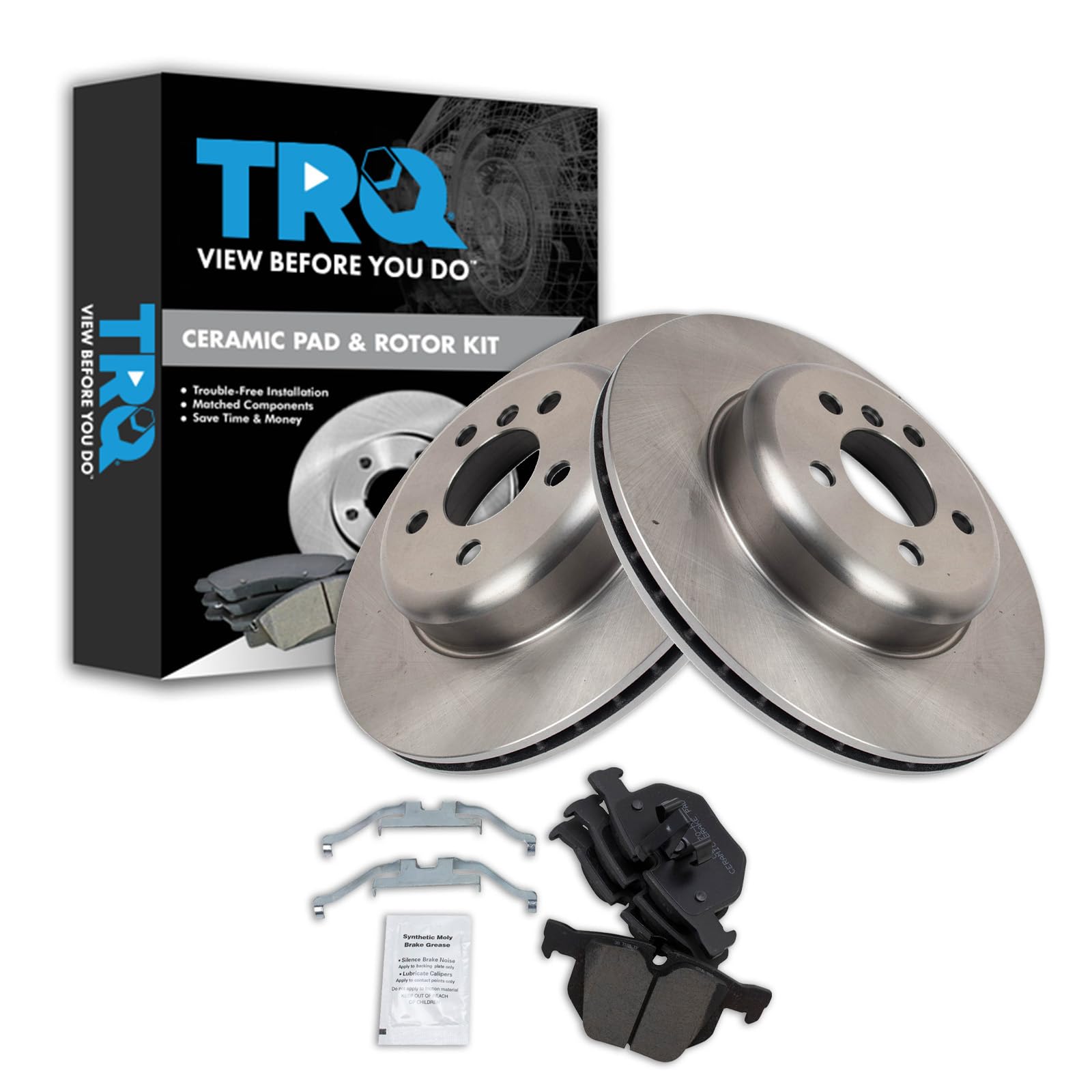 TRQ Rear Brake Pad &amp; Rotor Kit Ceramic Compatible with 2012-2013 BMW 335i