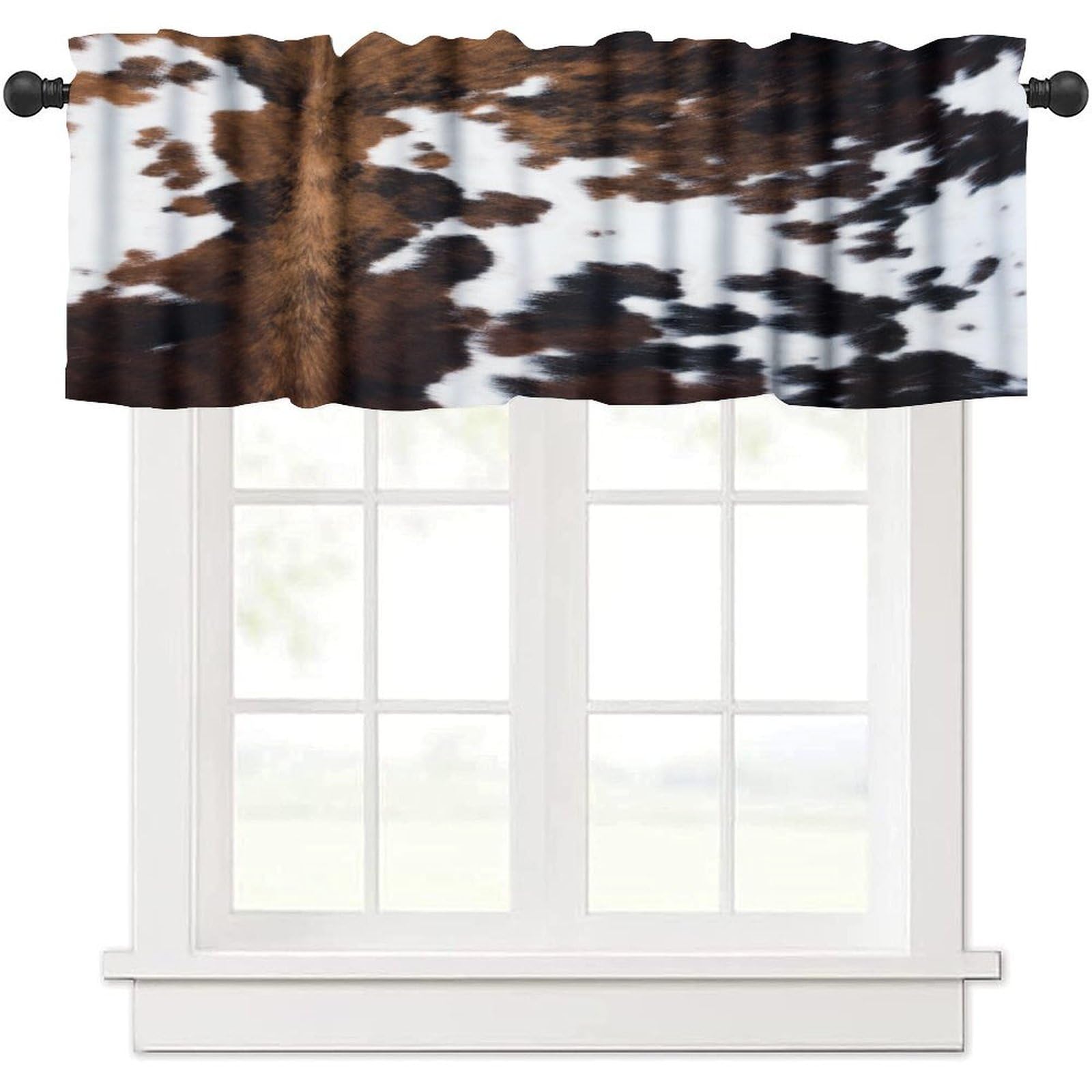 LOMADIA Cow Print Kitchen Valance Curtain, Brown White Cowhide Animal Fur Western Rustic Farm Pattern Window Treatment Rod Pocket Drapes for Dining Room Bedroom Office Cafe Decor 54x18inch