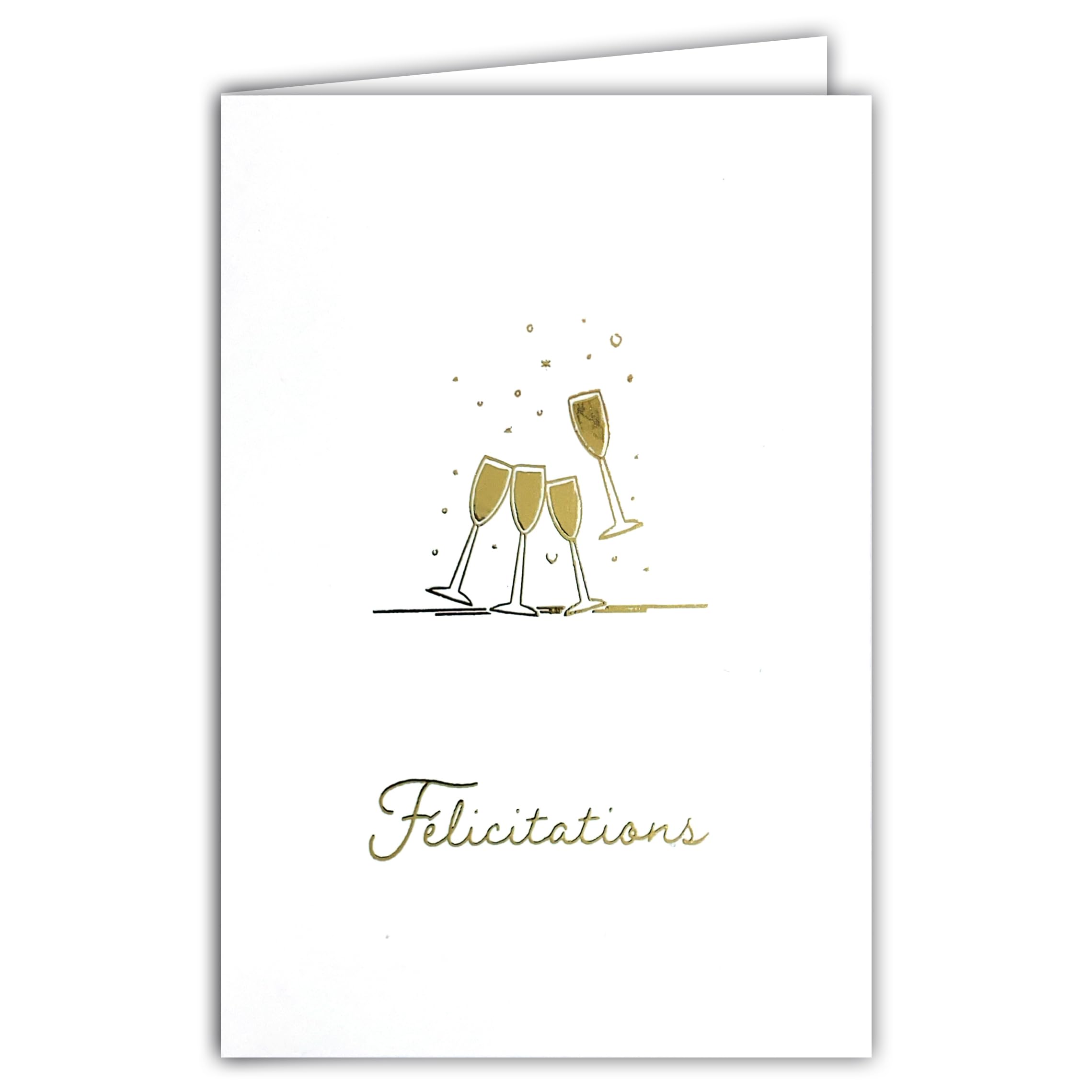 68-9006 Congratulations Card Champagne Flutes Toasting Fine Gold Illustration Glossy Delicate on Matte Paper with White Envelope Size 12 x 17.5 cm Made in France