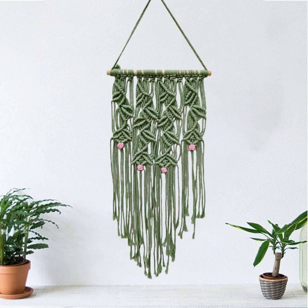 Arazzo da parete in macramè in corda di cotone, 85 x 30 cm, stile boho, con asta di legno, decorazione da parete per camera da letto, soggiorno, appartamento, tenda da parete, 2 pezzi, verde