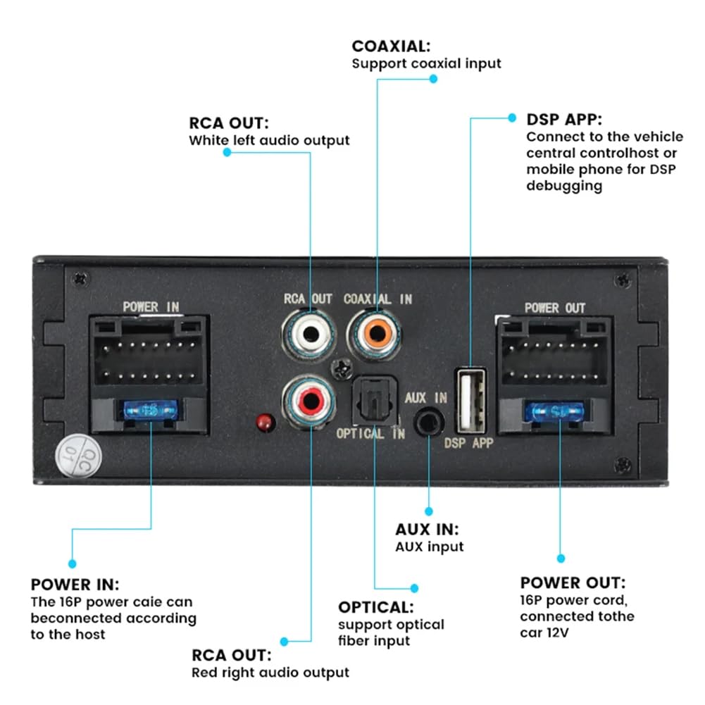 Procesador Amplificador para AutomóVil de 4X50 W Compatible con 10 Efectos de Sonido EQ Procesadores de Sonido Digitales Amplificador de Potencia de Audio Plug y Play