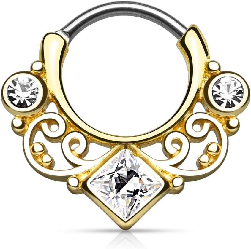 Pierced Republic 16G Septum Clicker - Lace Swirls w/CZ Gems - Hinged Nose Ring Hoop