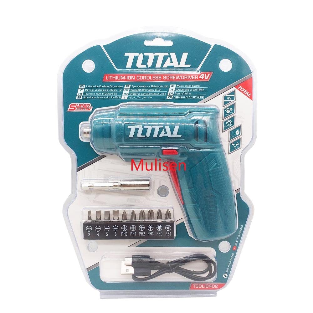 TOTAL TSDLI0402 Cordless Screwdriver with included Li-ion battery, magnetic holder, and screwdriver bits.