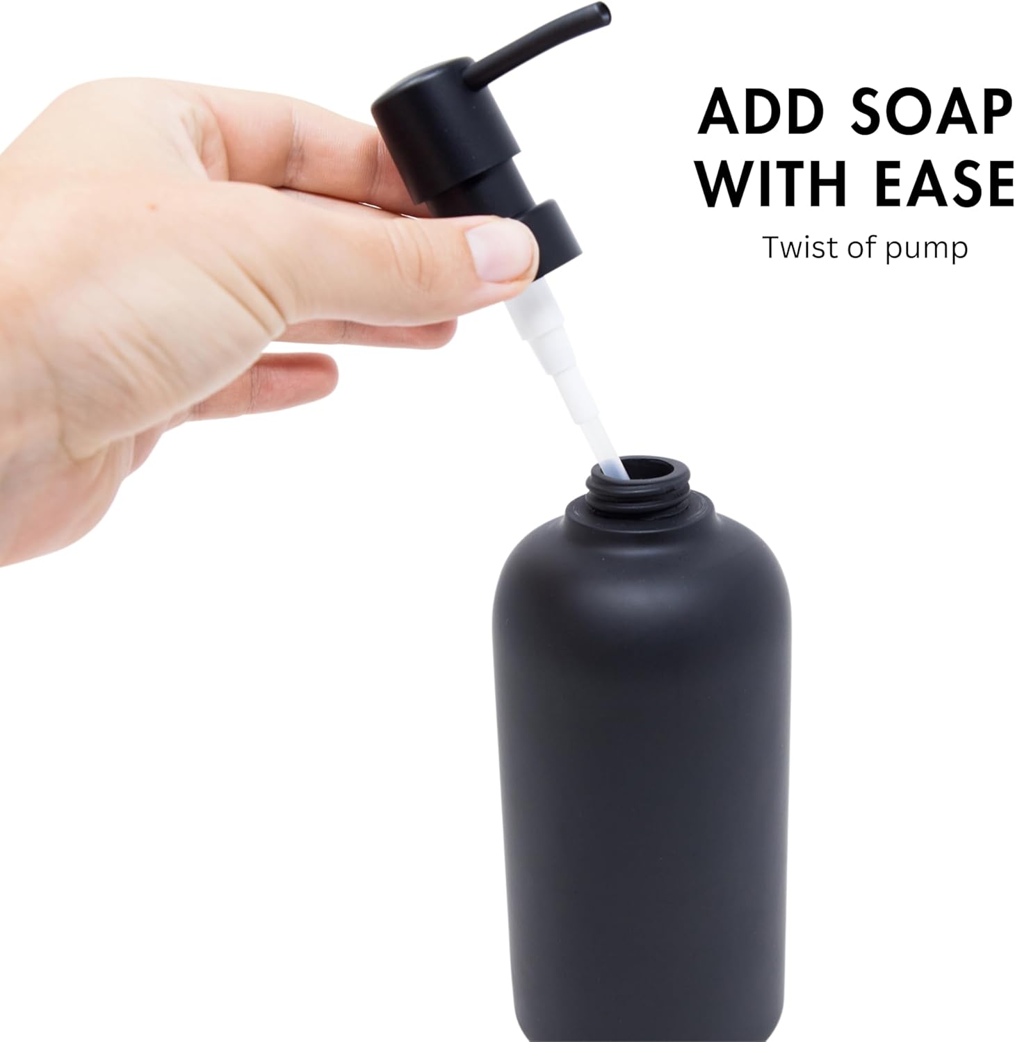Matte Black Round Soap Dispenser Set with Tray for Kitchen, Countertop & Bathroom – 2 Pack 15 oz Refillable Resin Pump Bottle for Dish Soap, Hand Soap, Shampoo, Conditioner – Non-Slip Protective Pads