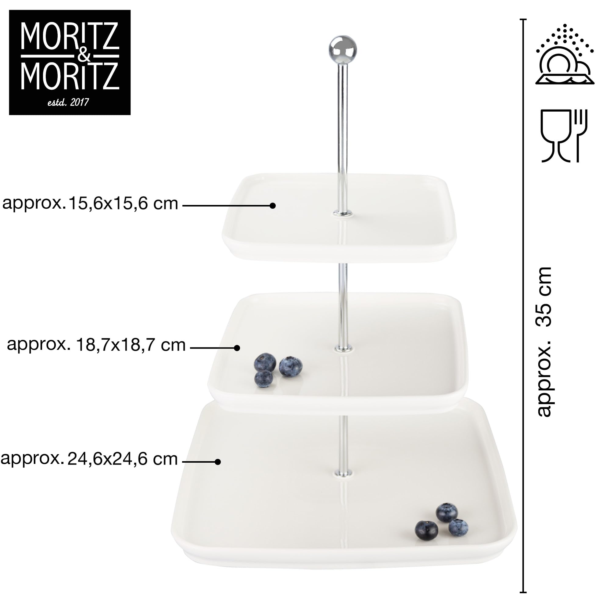 Moritz & Moritz 3-Tier Fruit Stand With Tongs - Square White Porcelain Display Tray - View #2