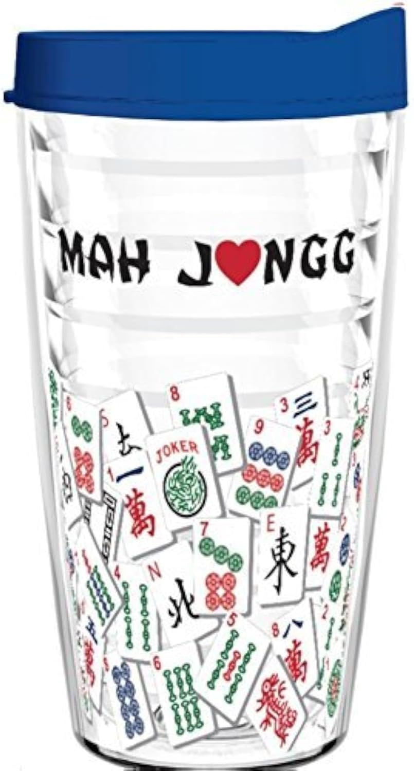Tumbler 16 oz - Mah Jongg Tile Design Tritan USA Drinkware (Blue Lid)