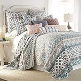 Levtex Home Addie King Quilt Set, Floral, 100% Cotton, White, Teal, Blush, Grey