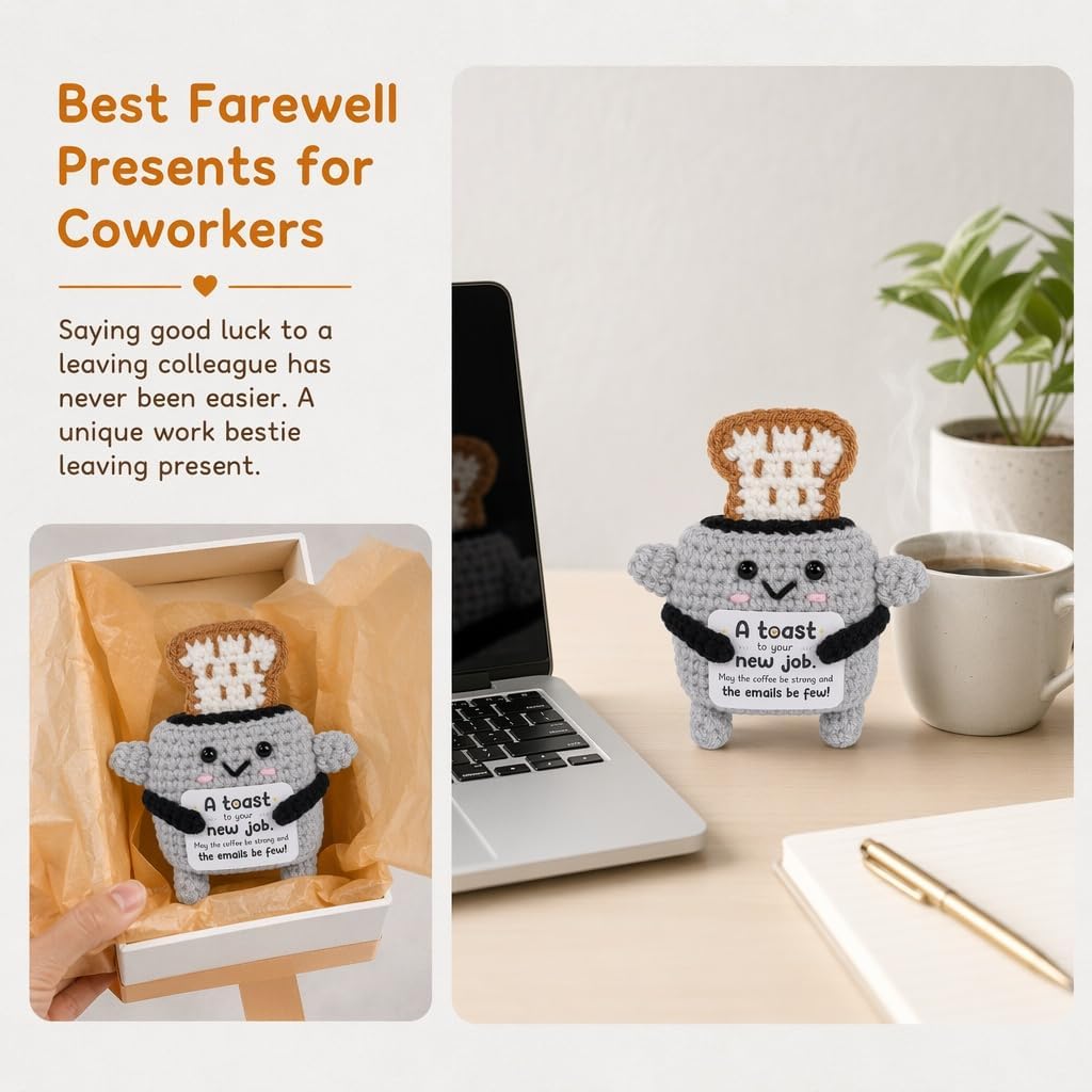 New Job Gift for Women Men, Good Luck Present, Leaving Card, Handmade Crochet Toast, Congratulations Gifts for Coworker, Farewell Goodbye Bestie, Work Colleague Desk Decor image 3